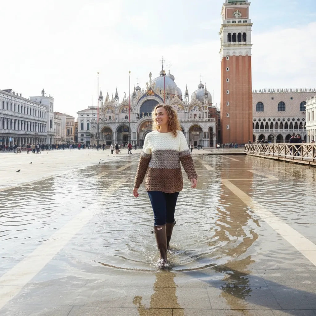 Pull au crochet Passero de Cachalabibi - vue de face sur la place Saint-Marc à Venise avec la basilique et le campanile