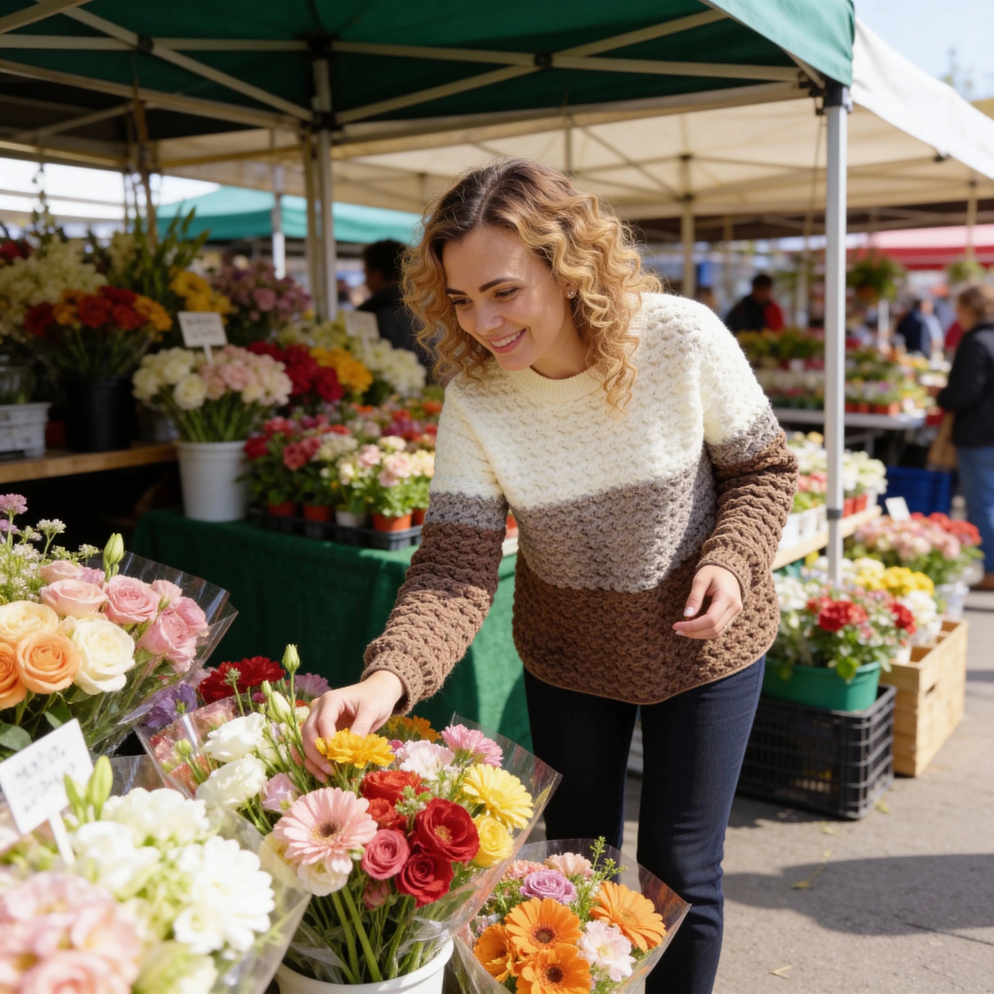 Pull au crochet Passero de Cachalabibi - vue sur une jeune femme dans un marché aux fleurs provençal
