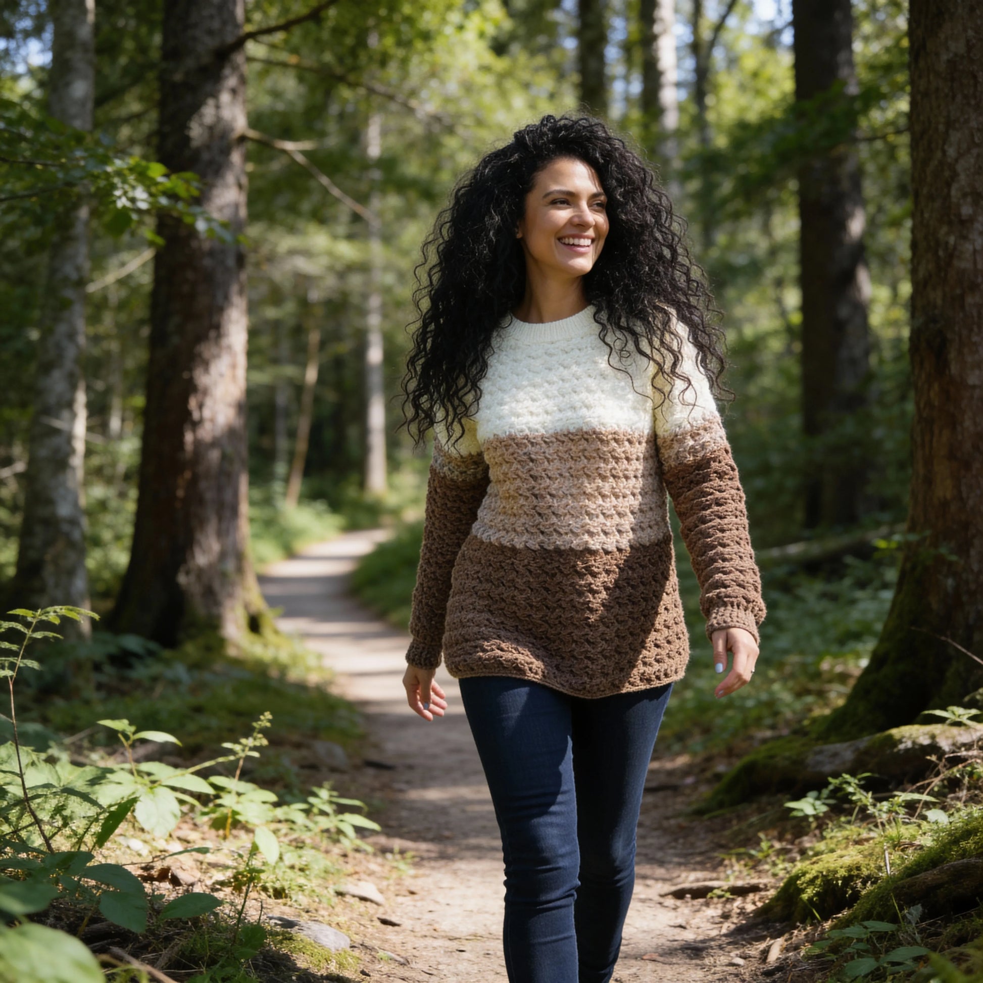Pull au crochet Passero de Cachalabibi - vue de face d'une jeune femme qui marche dans un bois