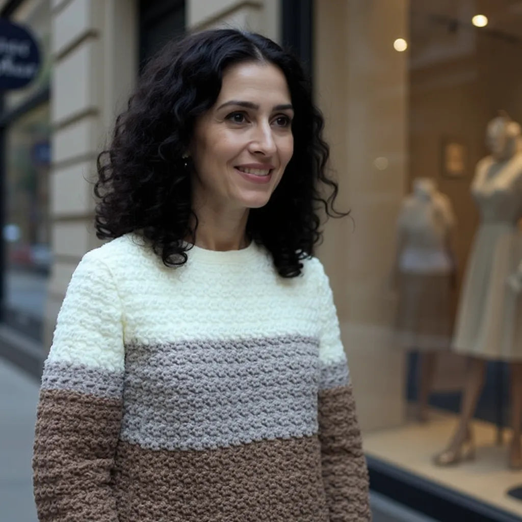 Pull au crochet Passero de Cachalabibi - porté par une jeune femme devant une vitrine de magasin de vêtements de luxe