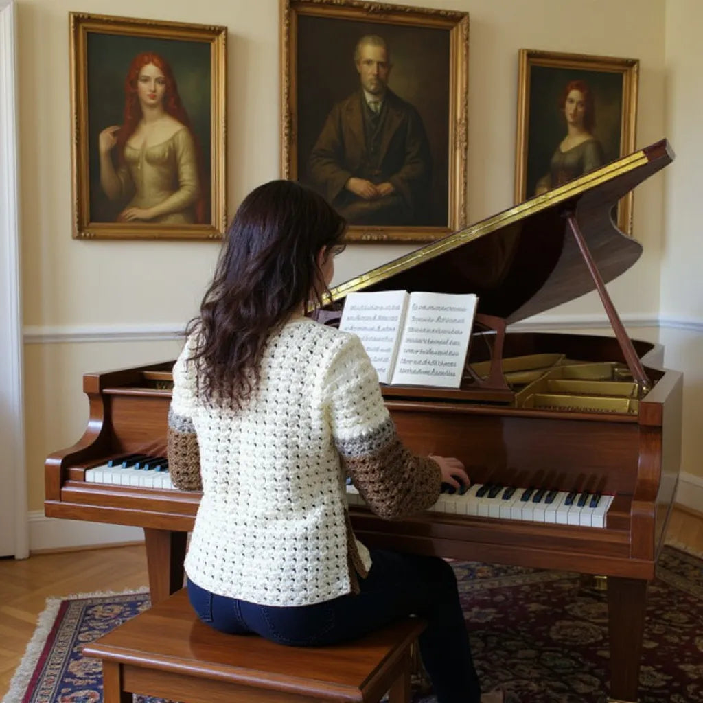 Pull au crochet Passero de Cachalabibi - vue de dos sur une jeune pianiste qui joue dans un salon décoré de peintures