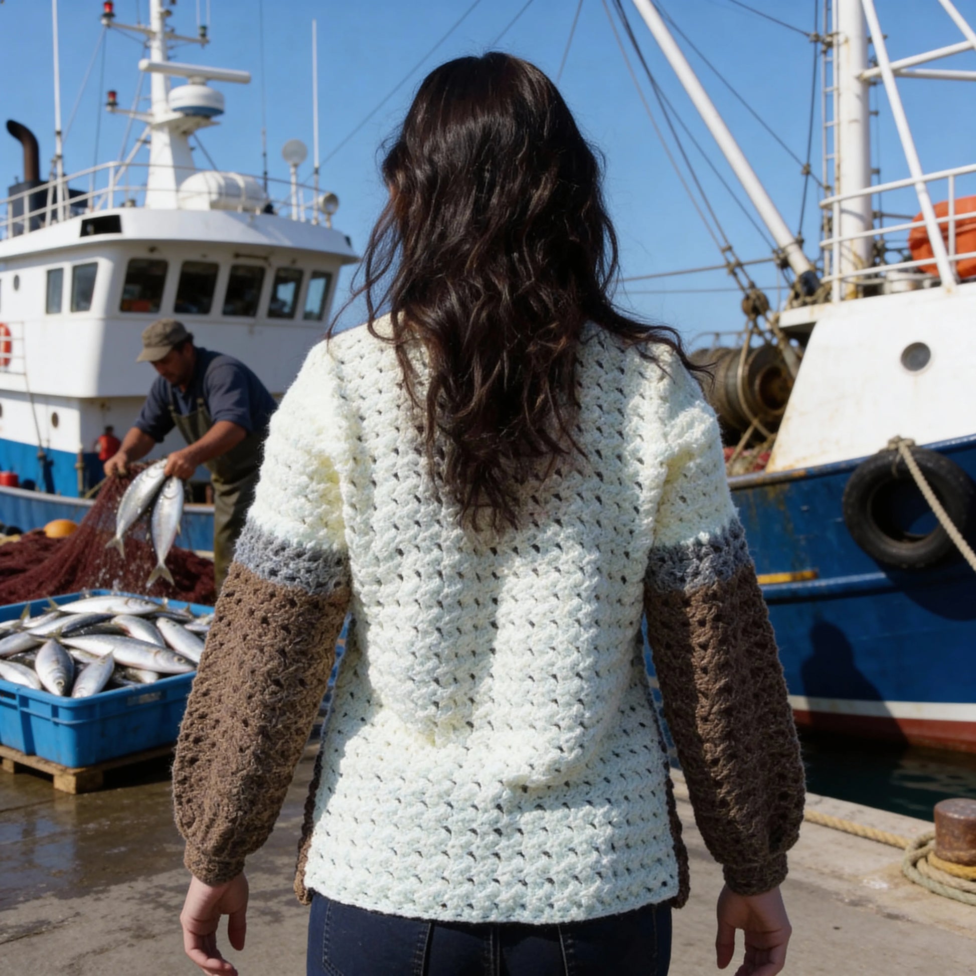 Pull au crochet Passero de Cachalabibi - vue de dos sur une jeune femme dans une marina qui regarde décharger les poissons