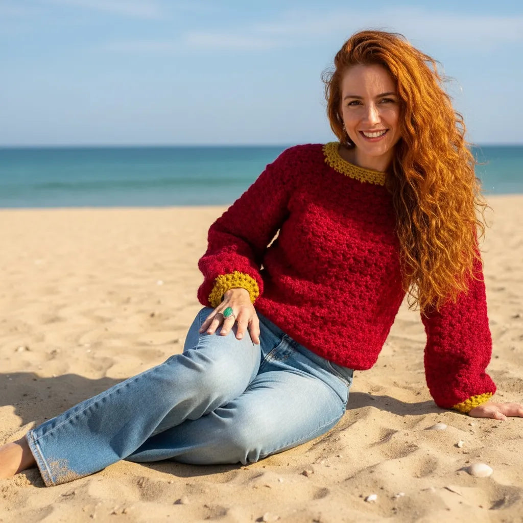 Pull au crochet Pettirosso de Cachalabibi - vue de face d'une jeune femme assise sur le sable d'une plage