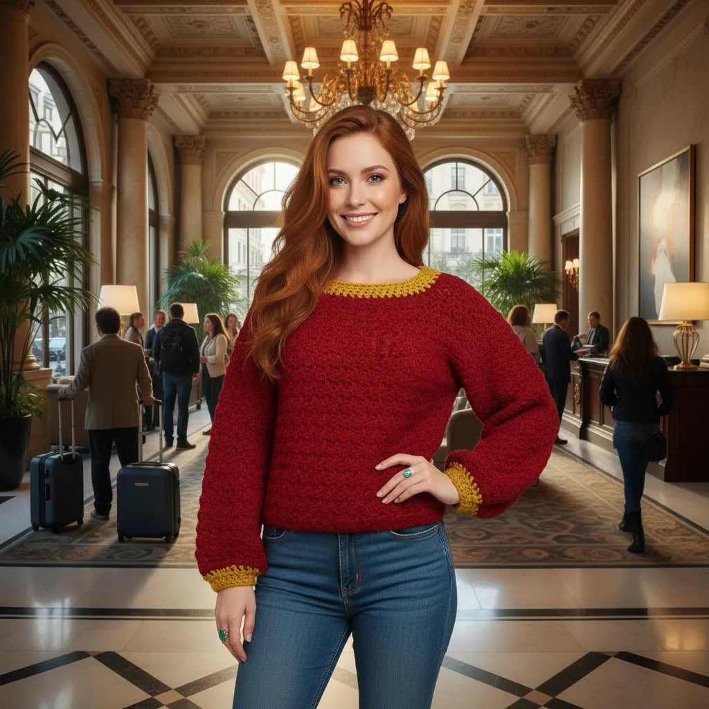 Pull au crochet Pettirosso de Cachalabibi - vue de face dans le hall d'un hôtel de luxe avec lustres et voyageurs