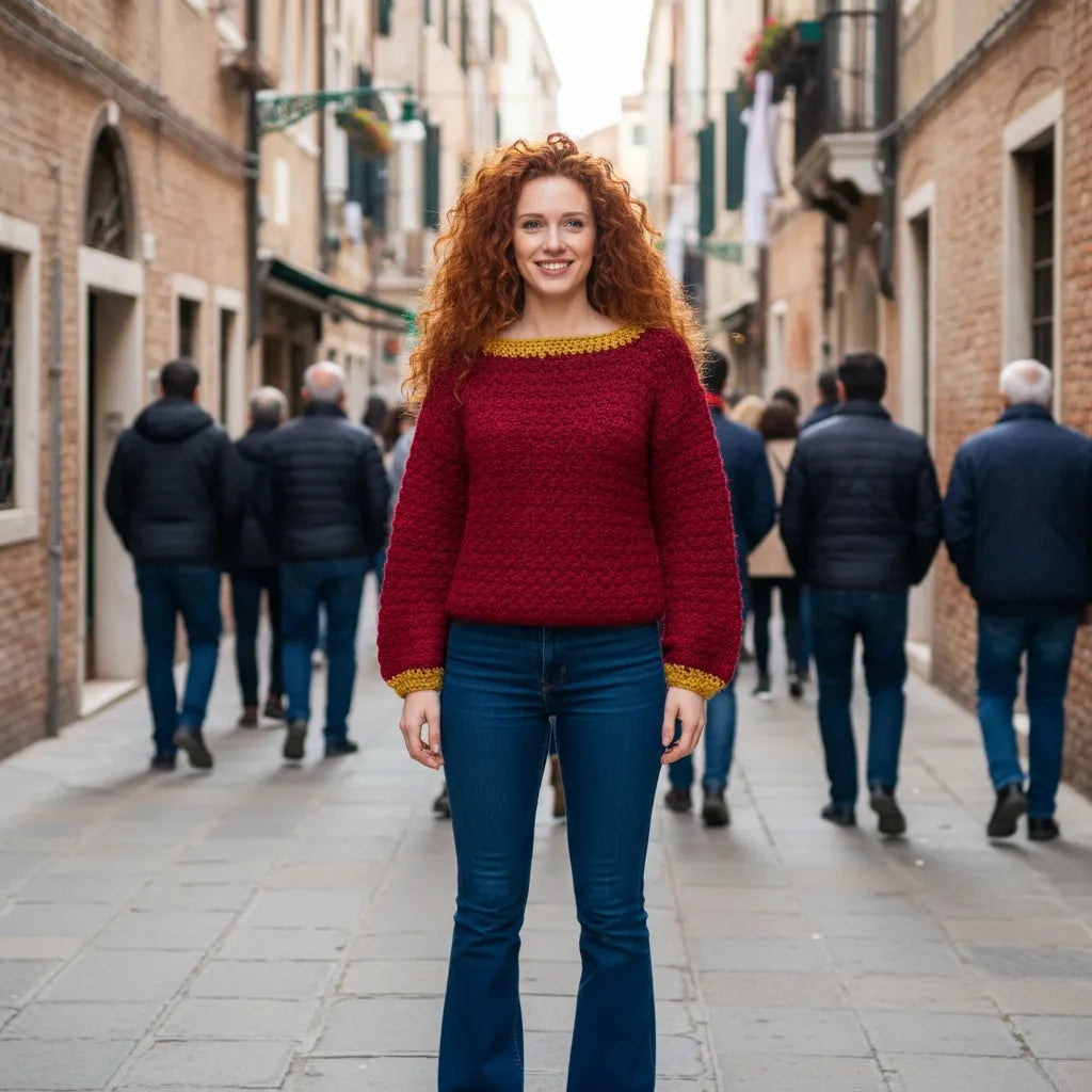Pull au crochet Pettirosso de Cachalabibi - vue de face d'une jeune femme dans une ruelle de Venise
