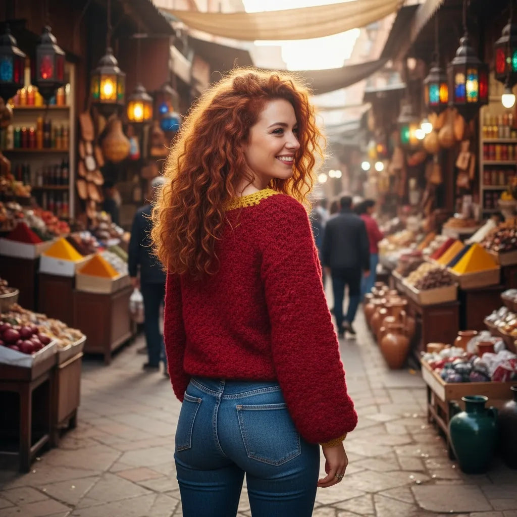 Pull au crochet Pettirosso de Cachalabibi - vue de dos au marché aux épices de Marrakech avec lanternes colorées et épices