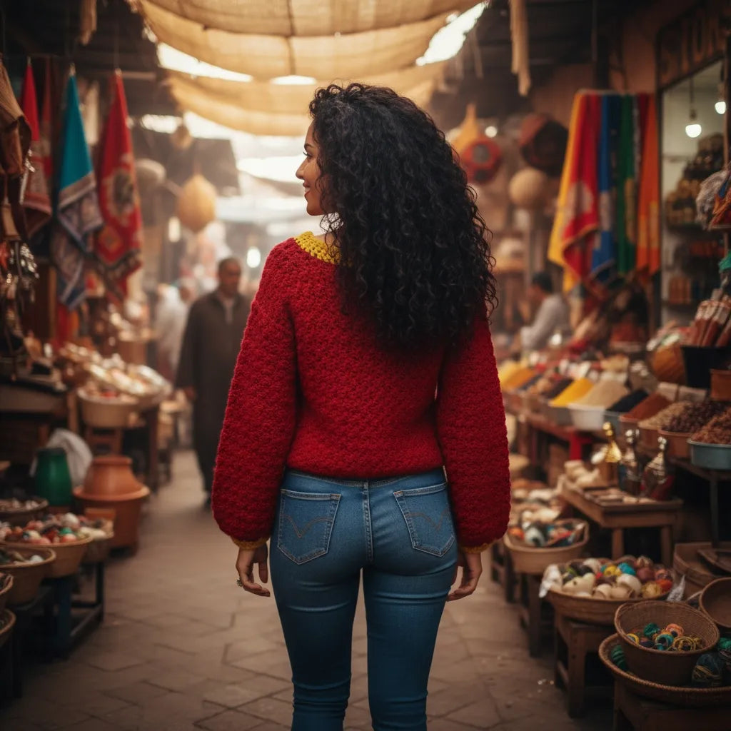 Pull au crochet Pettirosso de Cachalabibi - vue de dos flânant dans les souks de Marrakech avec lanternes colorées