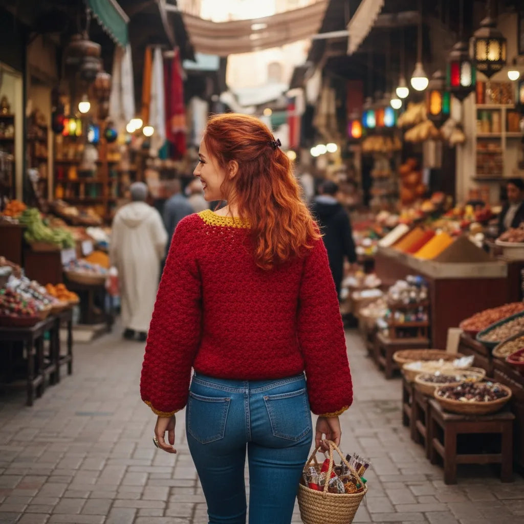 Pull au crochet Pettirosso de Cachalabibi - vue de dos flânant dans les souks de Marrakech avec panier d'osier