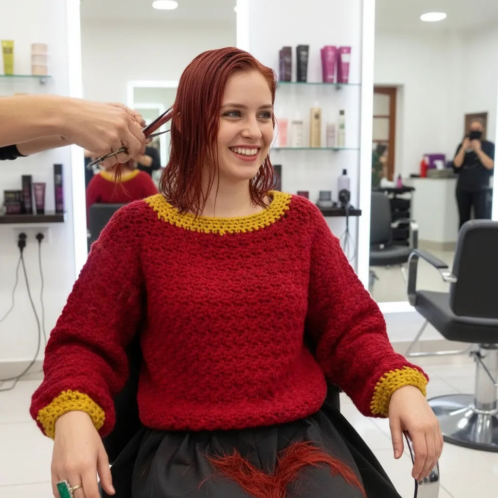 Pull au crochet Pettirosso de Cachalabibi - vue de face chez le coiffeur pour une coupe de cheveux élégante