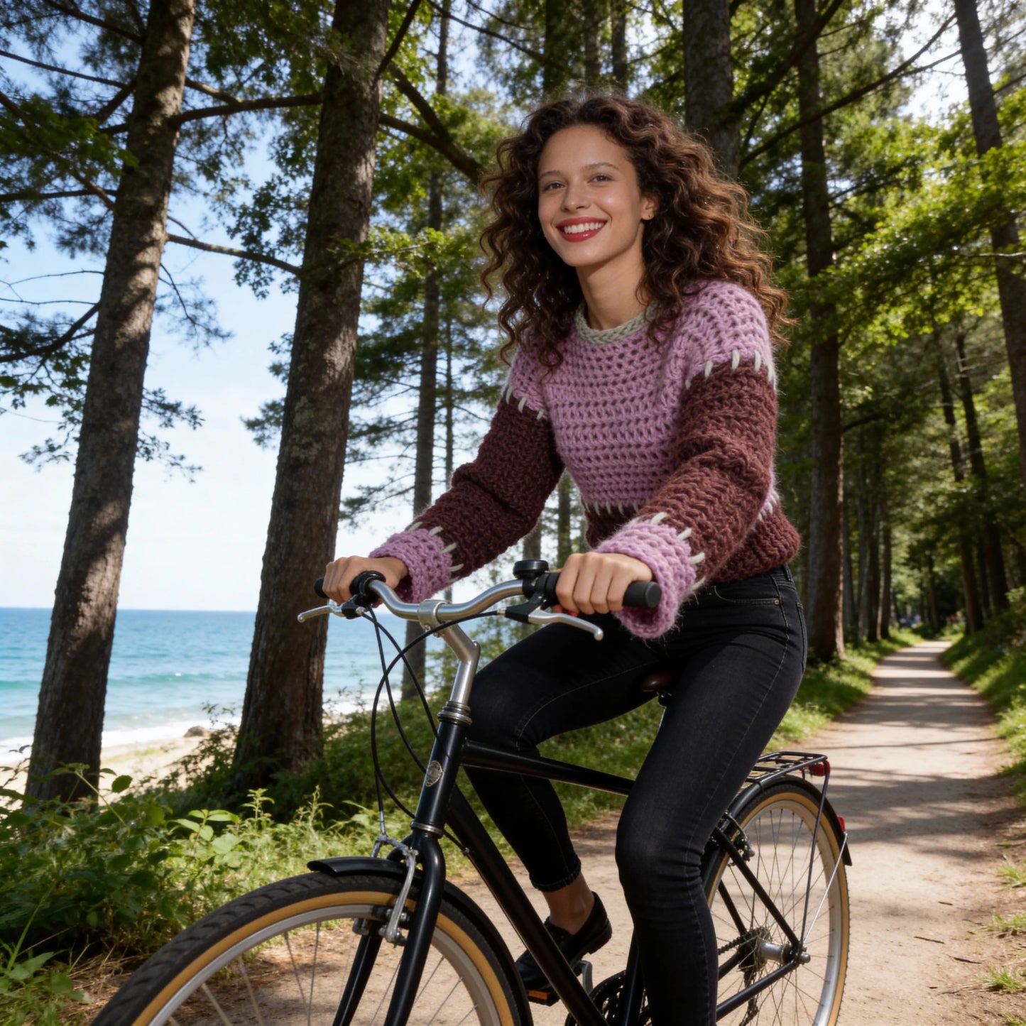 Pull au crochet Plum-Plum de Cachalabibi - vue de face à vélo sur une piste cyclable en bord de mer avec pins et océan