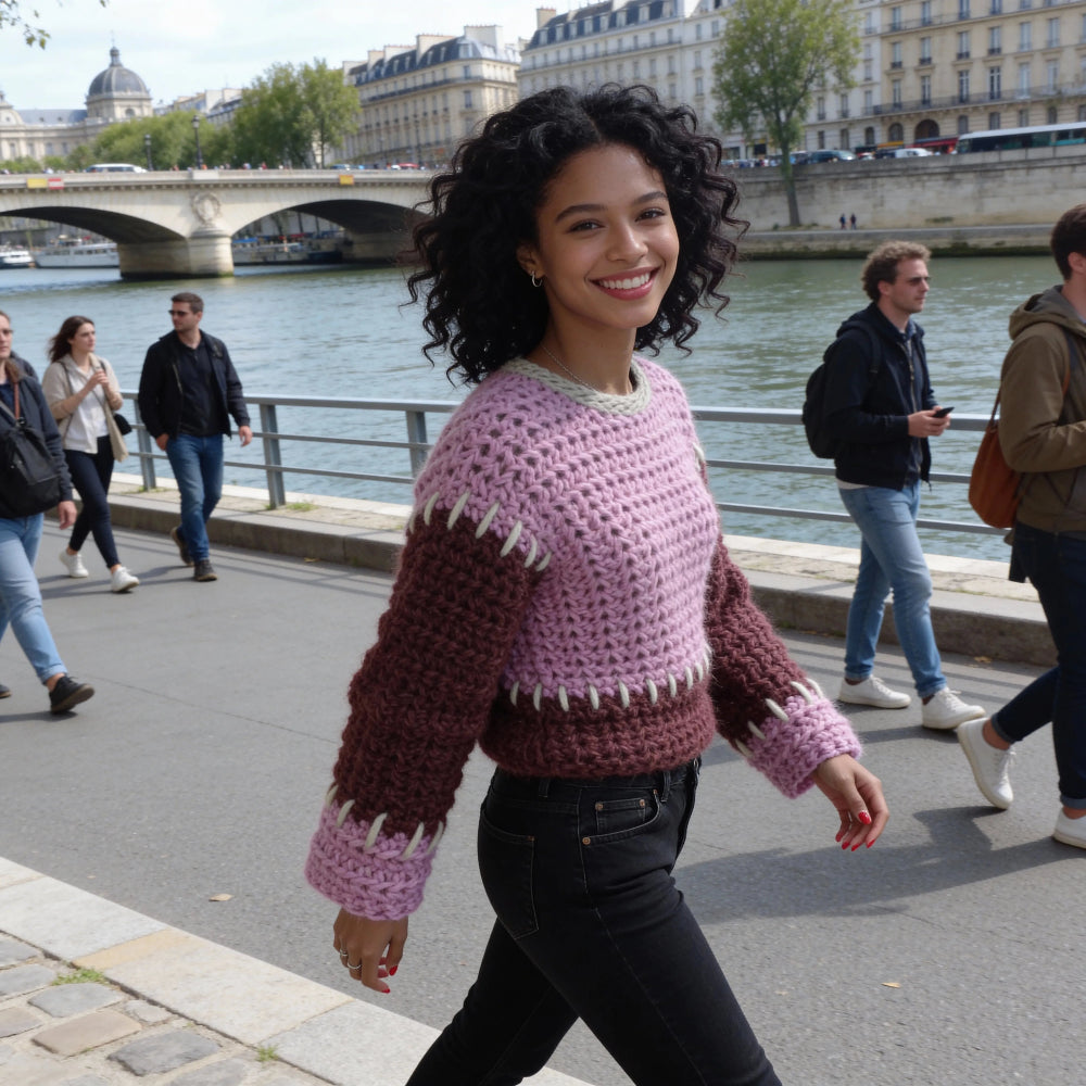 Pull au crochet Plum-Plum de Cachalabibi - gros plan sur le col rond écru tressé et les bordures festonnées