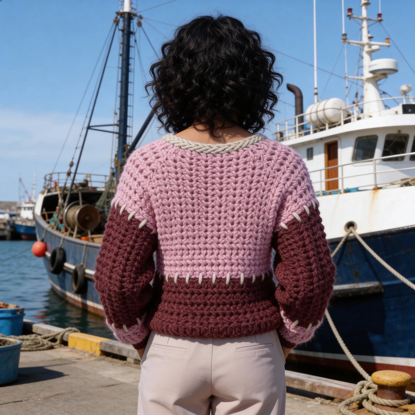 Pull au crochet Plum-Plum de Cachalabibi - vue de dos au port de pêche avec bateaux de pêche et filets