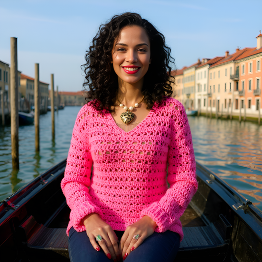 Pull au crochet Reine de Saba de Cachalabibi - Vue à Venise avec gondoles, pièce unique rose vif, fabriqué en France