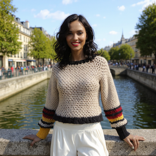 Pull au crochet Rojauno de Cachalabibi - Vue de face au bord de l'eau