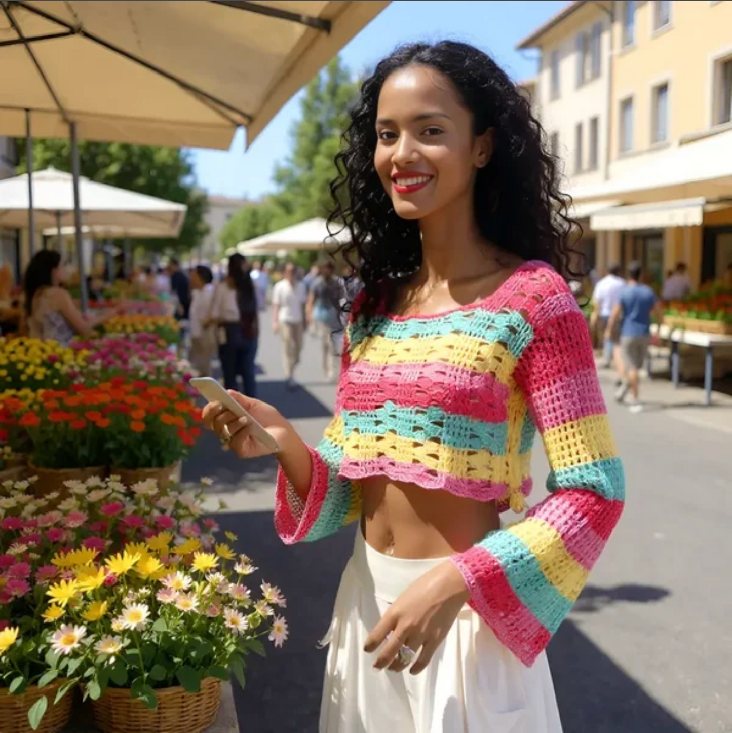 Pull au crochet Romanella de Cachalabibi - Vue au marché aux fleurs, style bohème estival