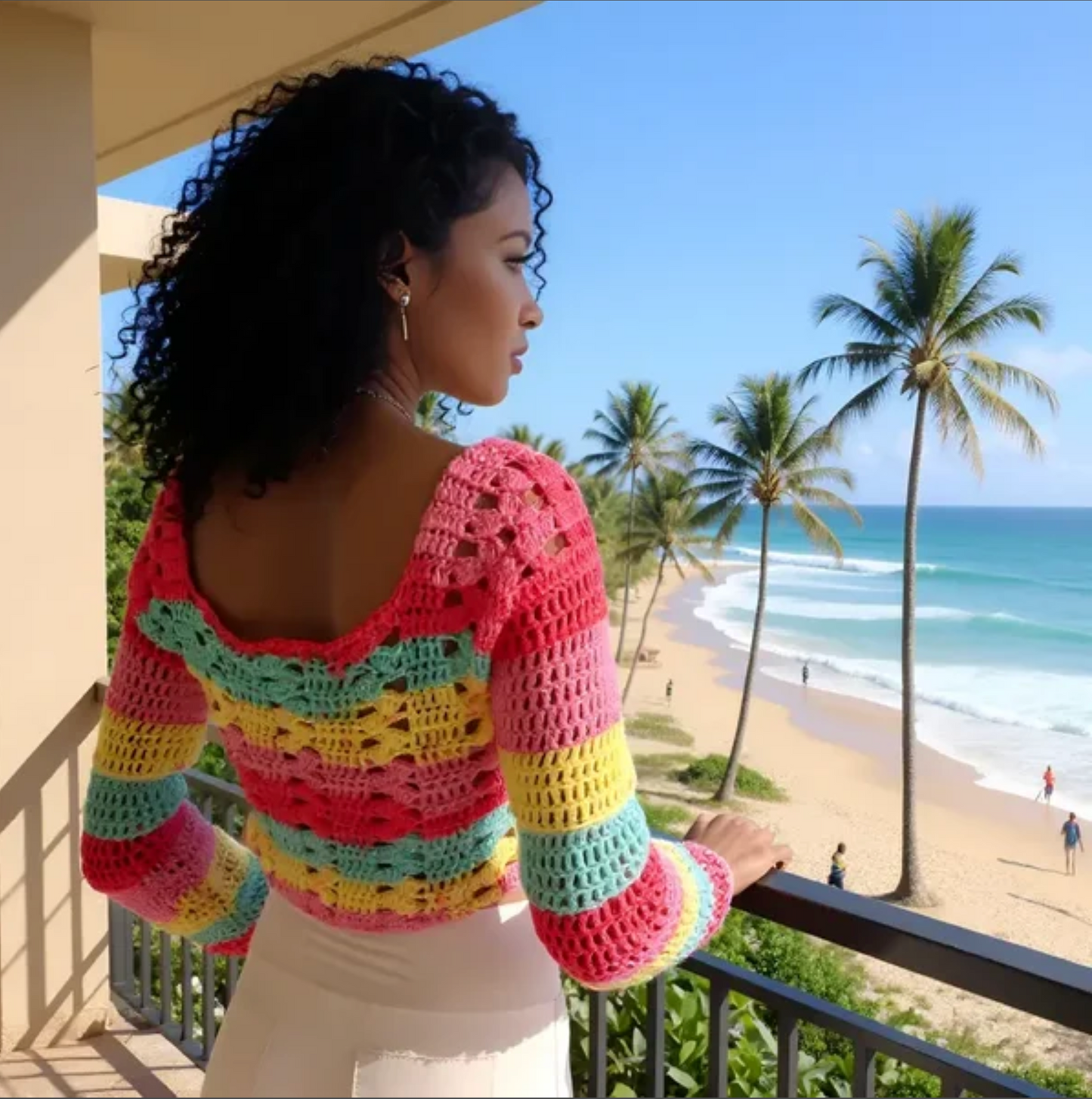 Pull au crochet Romanella de Cachalabibi - Vue de dos au balcon devant la plage, pièce unique multicolore arc-en-ciel
