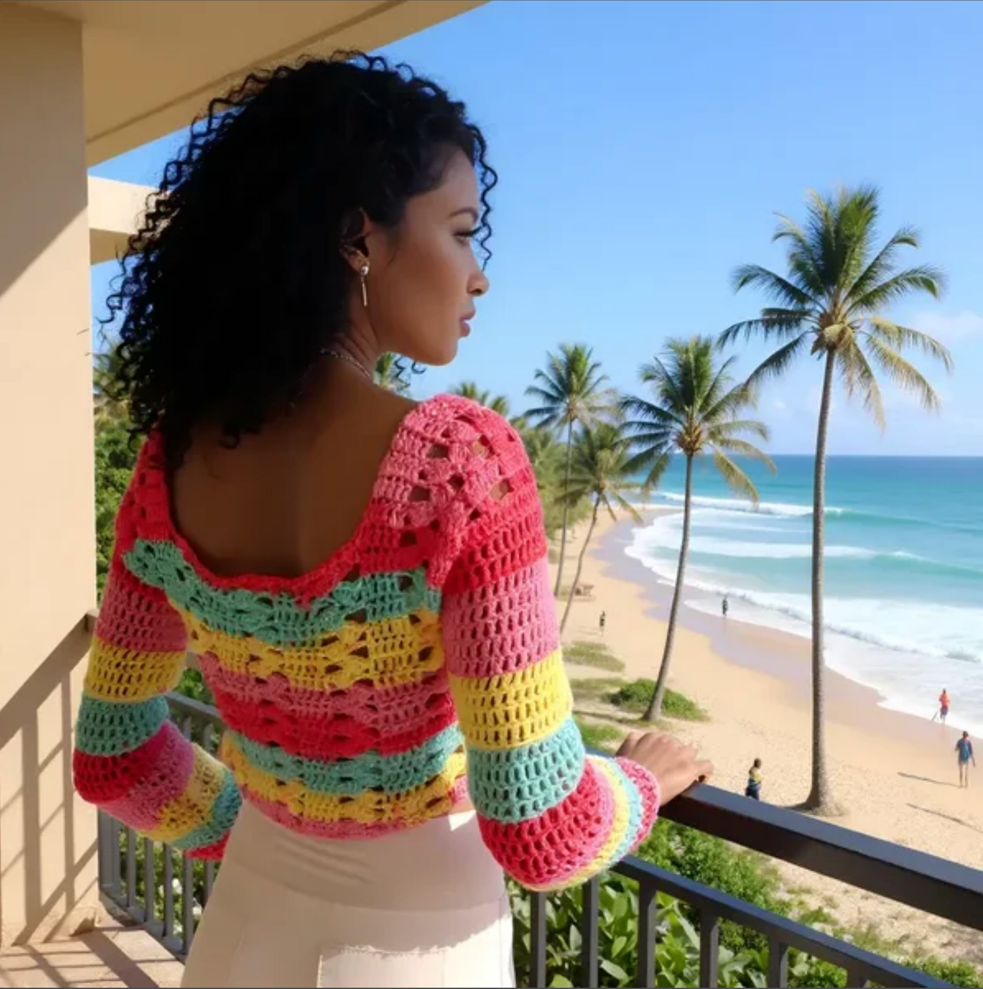 Pull au crochet Romanella de Cachalabibi - Vue de dos au balcon devant la plage, pièce unique multicolore arc-en-ciel