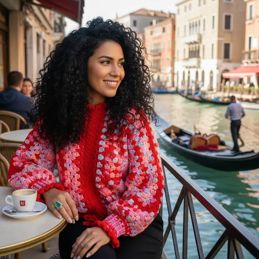 Pull au crochet Rosa de Cachalabibi - vue de profil d'une jeune femme à la terrasse d'un café à Venise