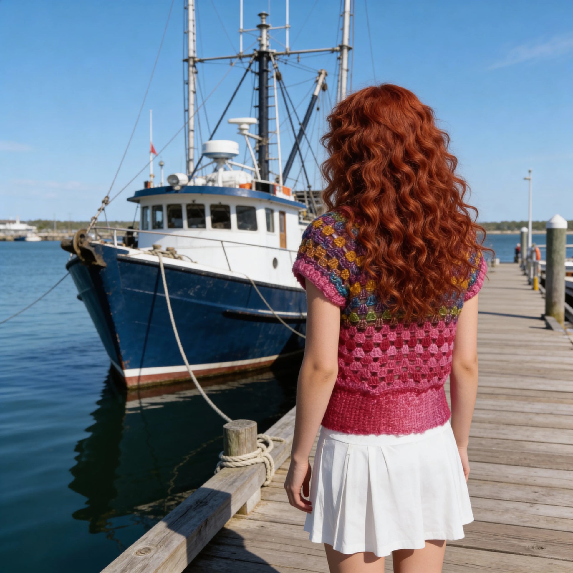 Pull au crochet Rosabella de Cachalabibi - vue de dos d'une jeune femme qui regarde un bateau de pêche
