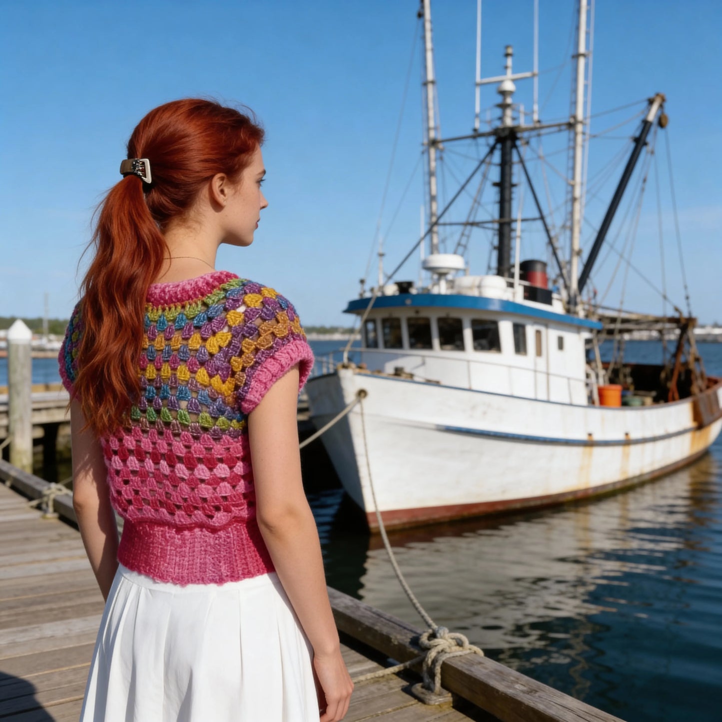 Pull au crochet Rosabella de Cachalabibi - vue de profil sur un quai devant un bateau de pêche amarré