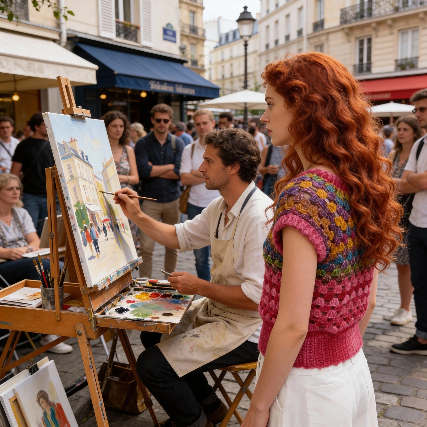 Pull au crochet Rosabella de Cachalabibi - vue de profil devant un peintre qui peint dans la rue à Montmartre