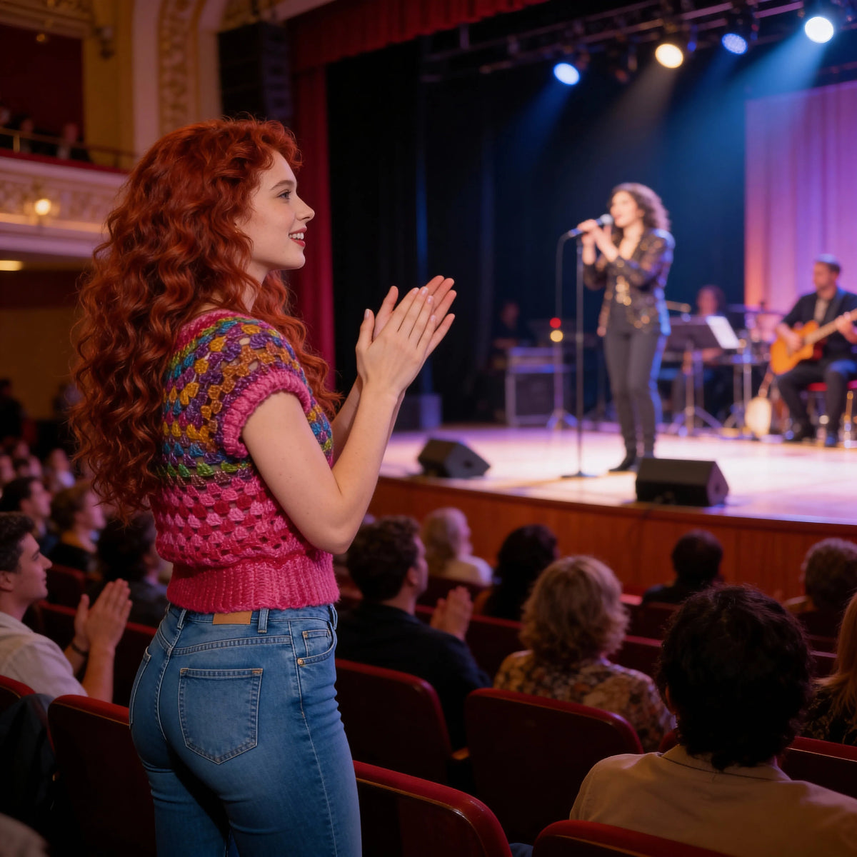 Pull au crochet Rosabella de Cachalabibi - vue de dos debout dans un théâtre d'une femme applaudissant un concert