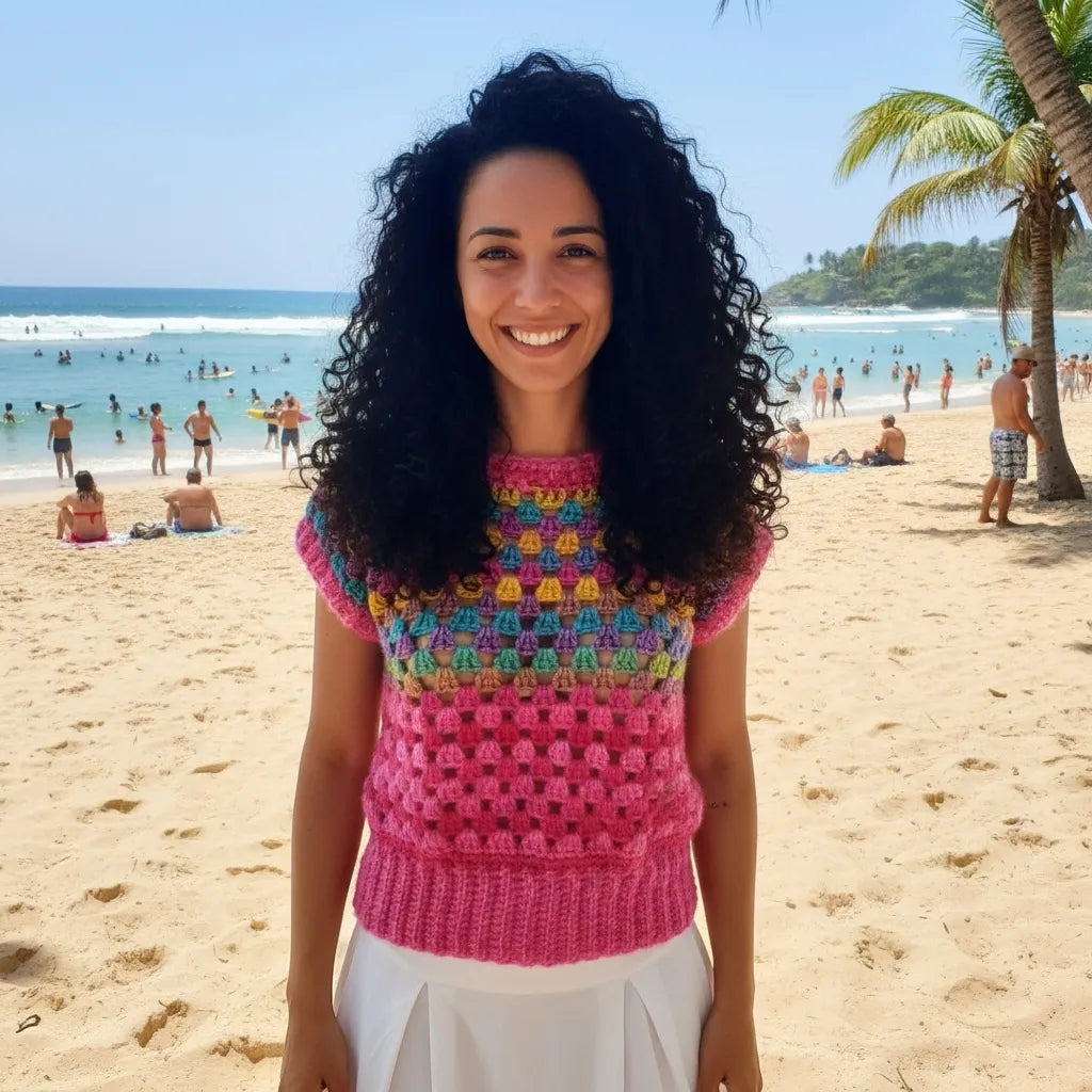 Pull au crochet Rosabella de Cachalabibi - vue de face sur la plage d'une jeune femme avec les baigneurs