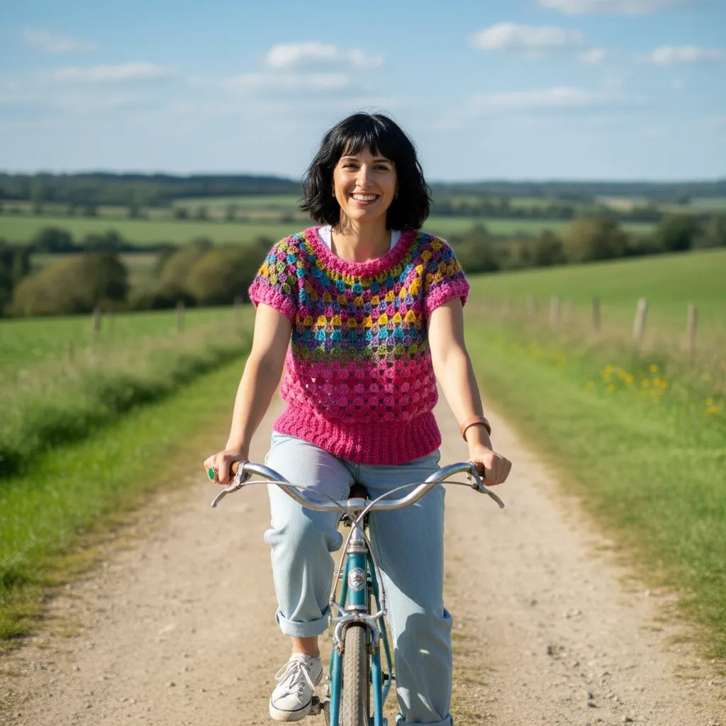 Pull au crochet Rosabella de Cachalabibi - vue de face à vélo dans la campagne verdoyante avec champs et ciel bleu