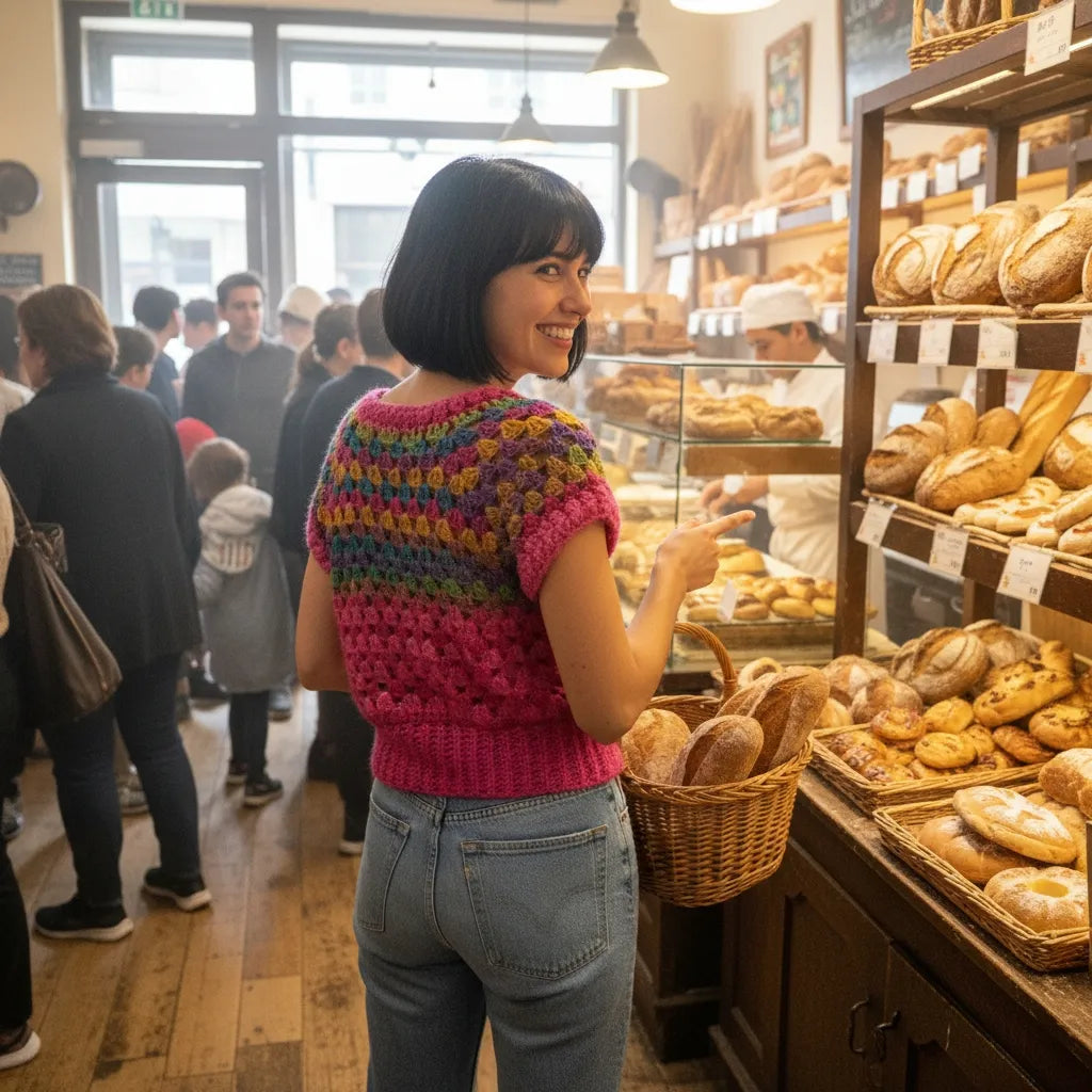 Pull au crochet Rosabella de Cachalabibi - vue de profil en achetant du pain dans une boulangerie pleine de monde
