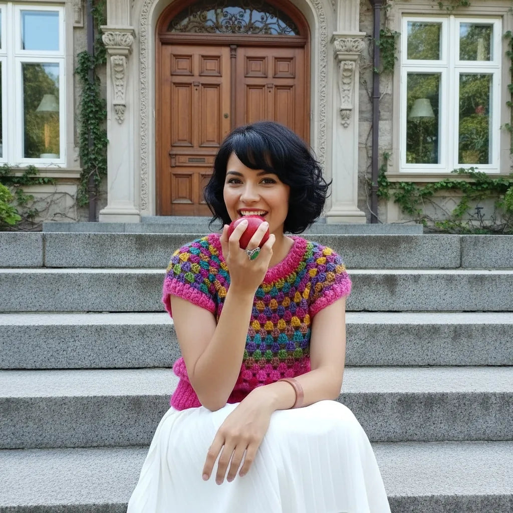 Pull au crochet Rosabella de Cachalabibi - vue de face assise sur les marches d'une villa avec porte en bois et colonnes croquant une pomme rouge