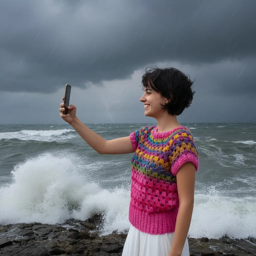 Pull au crochet Rosabella de Cachalabibi - vue de profil photographiant  l'océan en furie en fin de journée