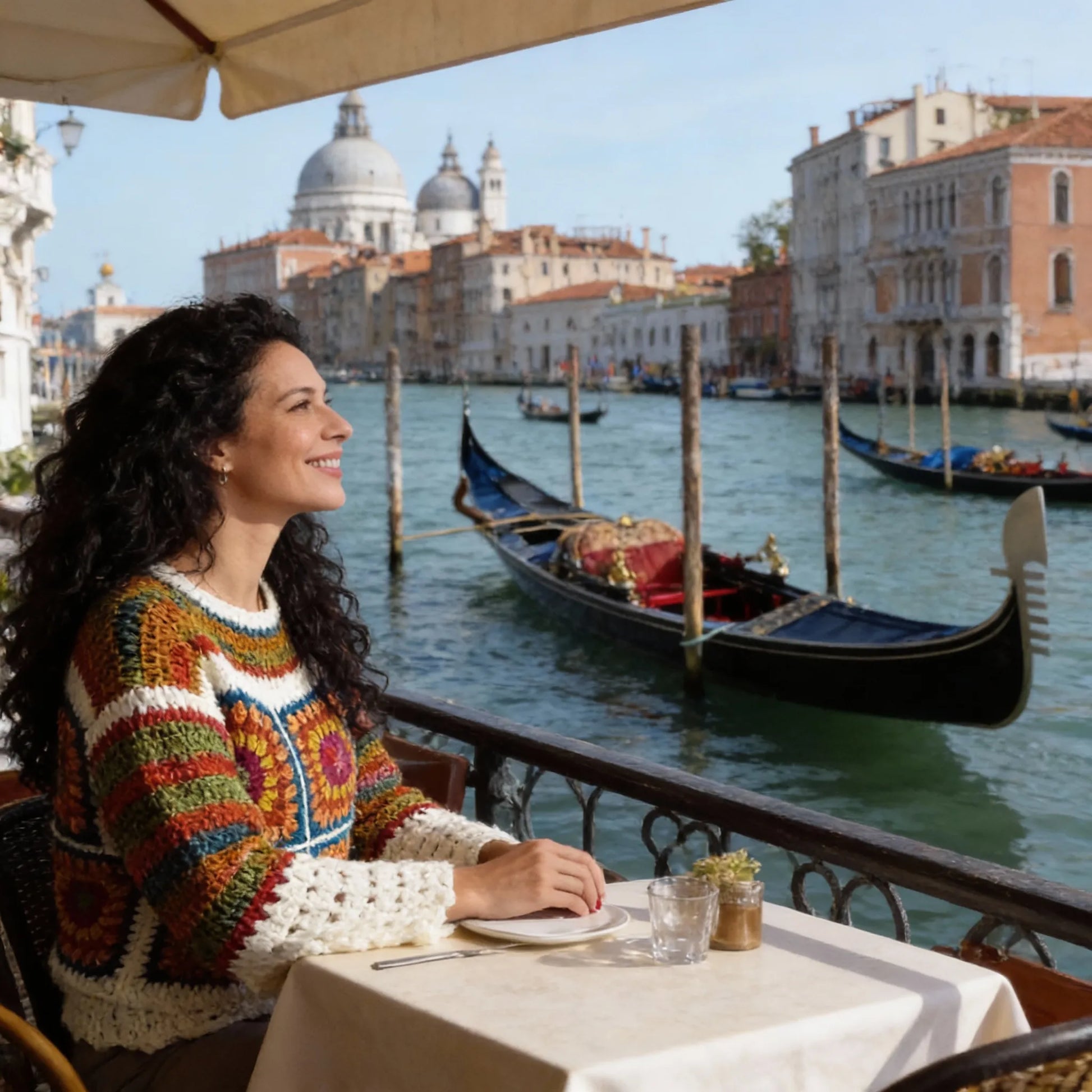 Pull au crochet Ruggino de Cachalabibi -vue de côté d'une femme en terrasse à Venise près du grand Canal