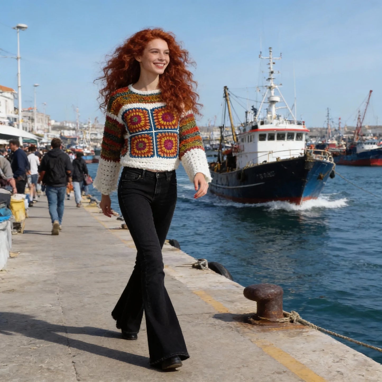 Pull au crochet Ruggino de Cachalabibi -vue de face au port de pêche avec bateaux de pêche et promenade