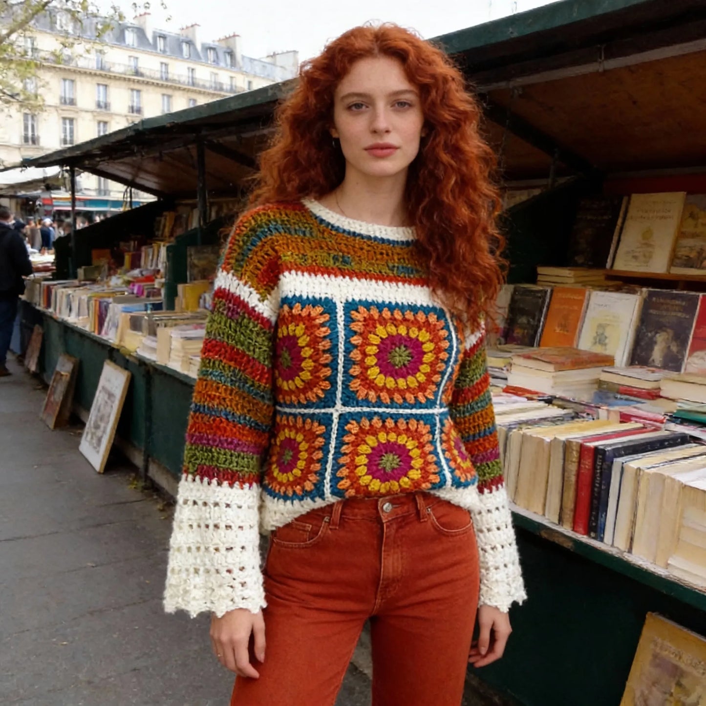 Pull au crochet Ruggino de Cachalabibi -vue de face au marché aux livres avec bouquinistes parisiens