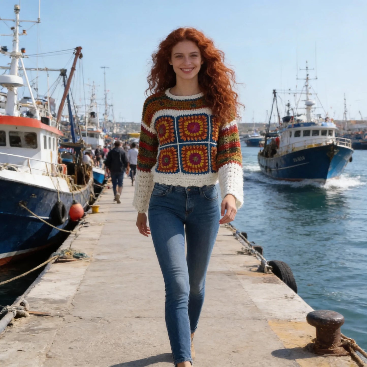 Pull au crochet Ruggino de Cachalabibi -vue de face d'une jeune femme dans une marina avec des bateaux de pêche