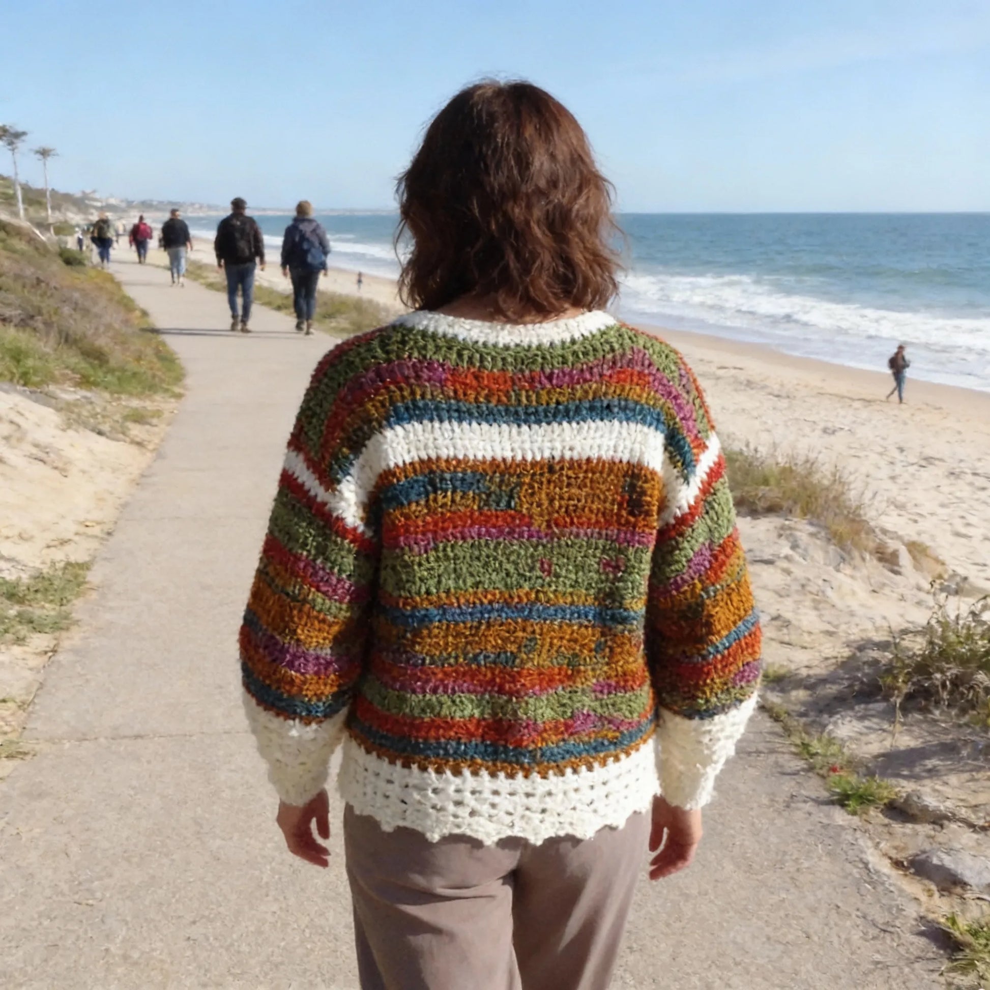 Pull au crochet Ruggino de Cachalabibi -vue de dos sur une promenade en bord de mer avec plage et promeneurs