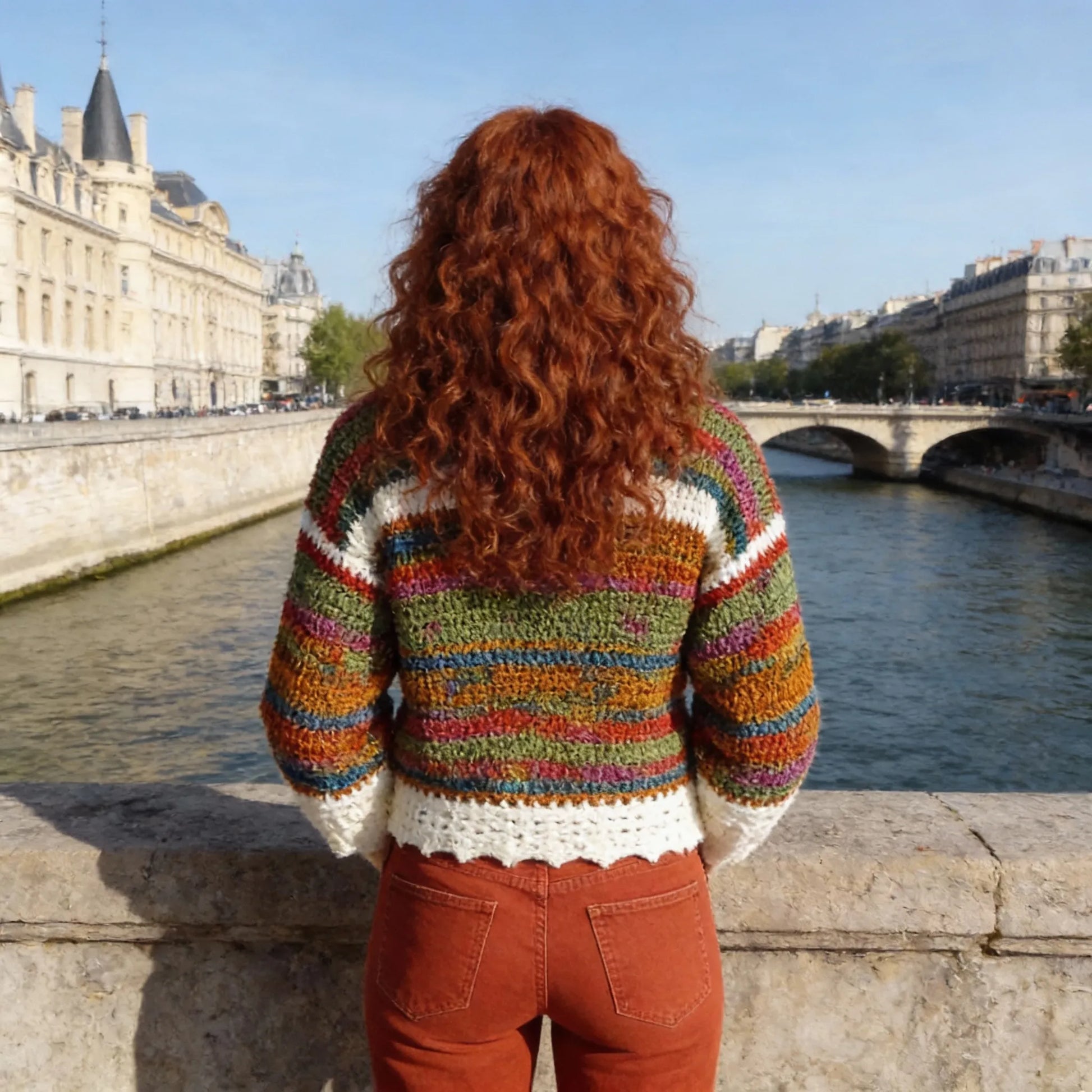 Pull au crochet Ruggino de Cachalabibi -vue de dos d'une femme rousse sur un pont dominant la Seine à Paris