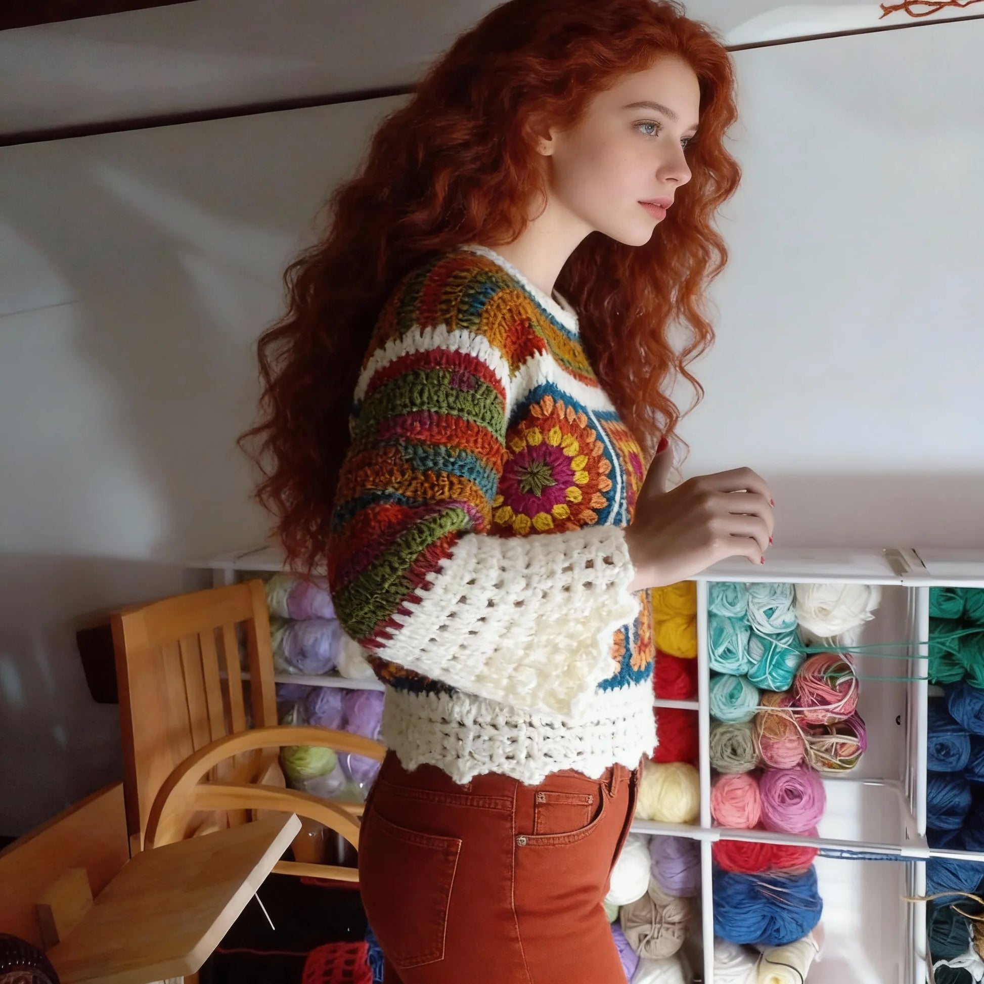 Pull au crochet Ruggino de Cachalabibi -vue de profil dans l'atelier avec pelotes de laine colorées et étagères