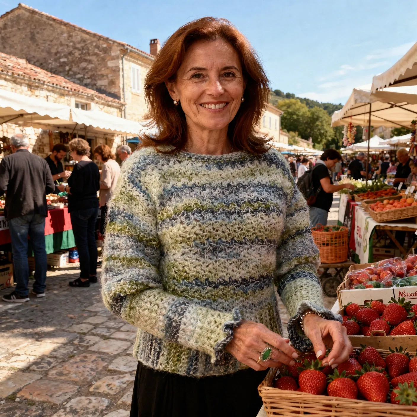Pull au crochet Sweaty de Cachalabibi - vue de face au marché provençal avec étals de fruits et panier de fraises
