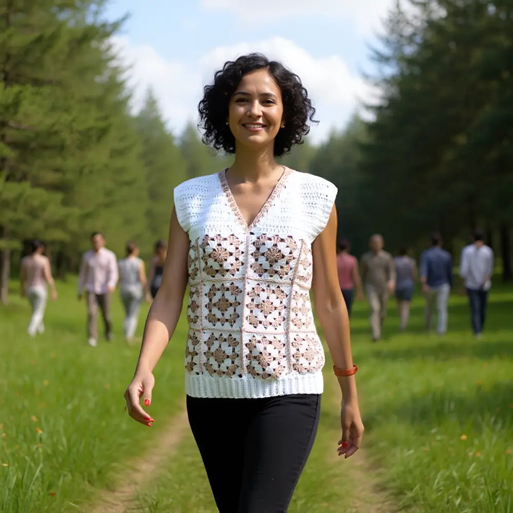 Pull au crochet Templarito de Cachalabibi - Vue de face au parc verdoyant, pièce unique blanc cassé 