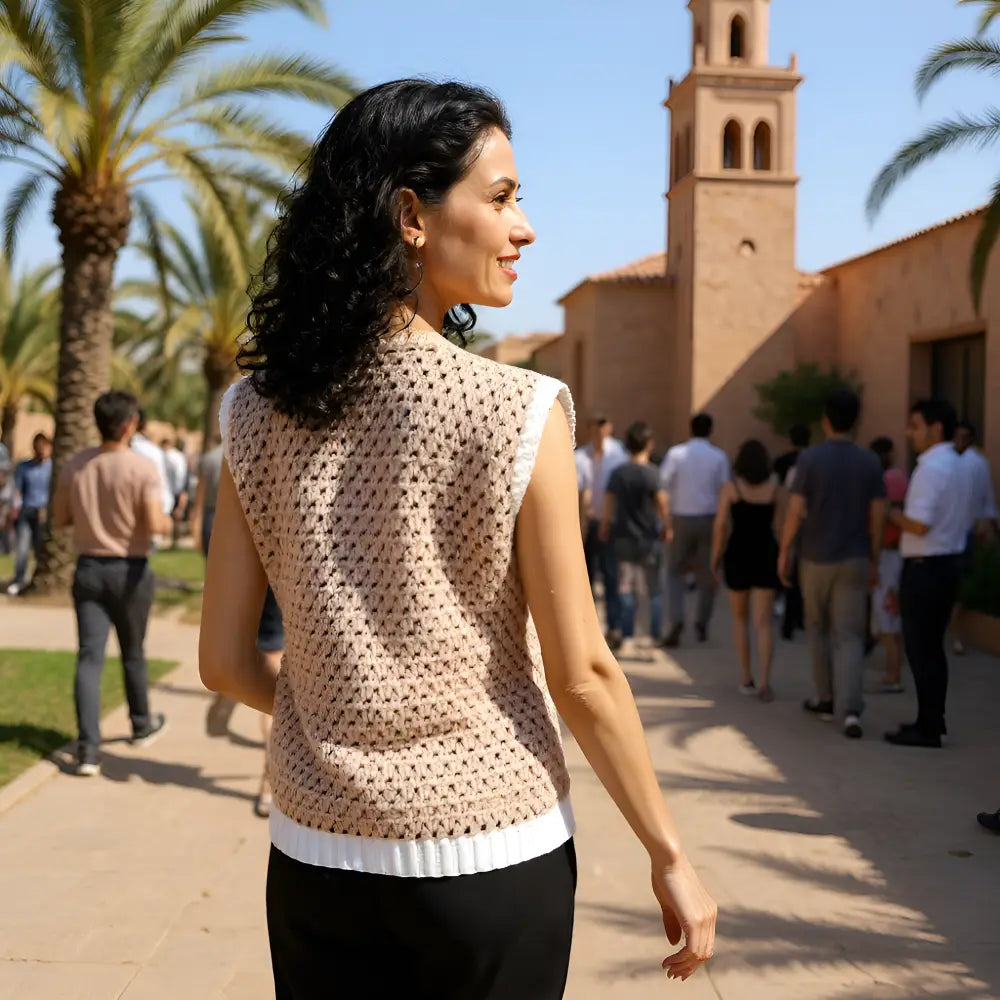 Pull au crochet Templarito de Cachalabibi - Vue de dos devant mosquée avec palmiers

