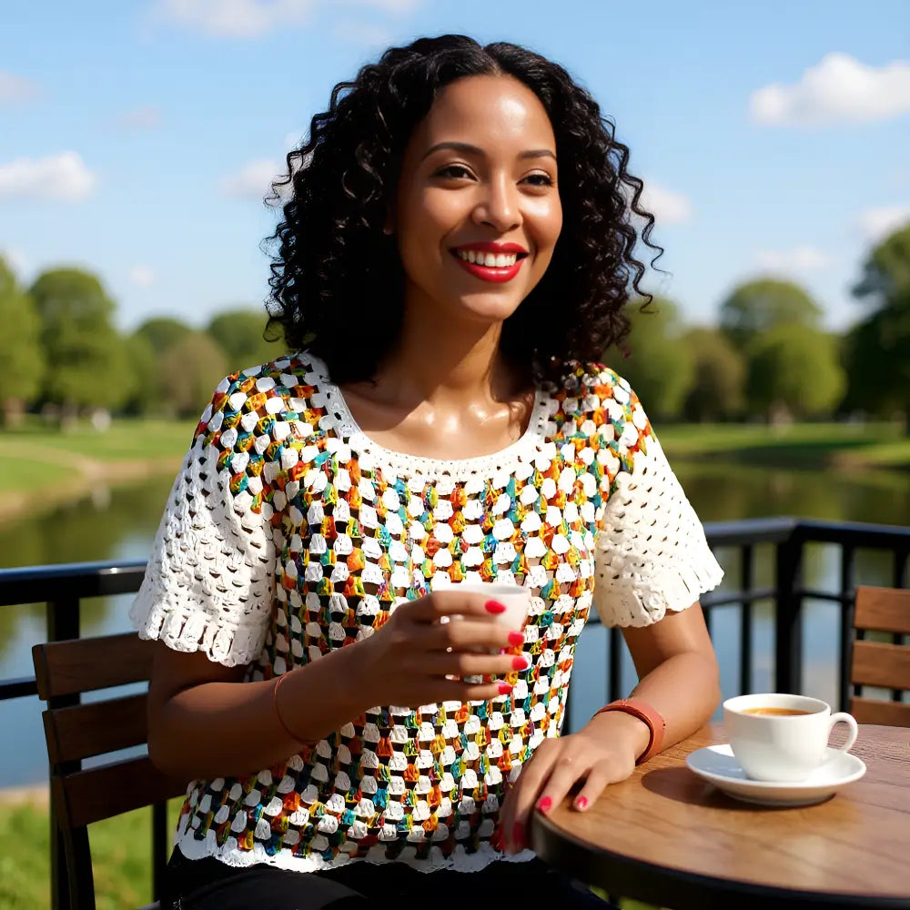Pull au crochet Touchy de Cachalabibi - Vue au café en terrasse au parc, taille 38/42, 100% coton