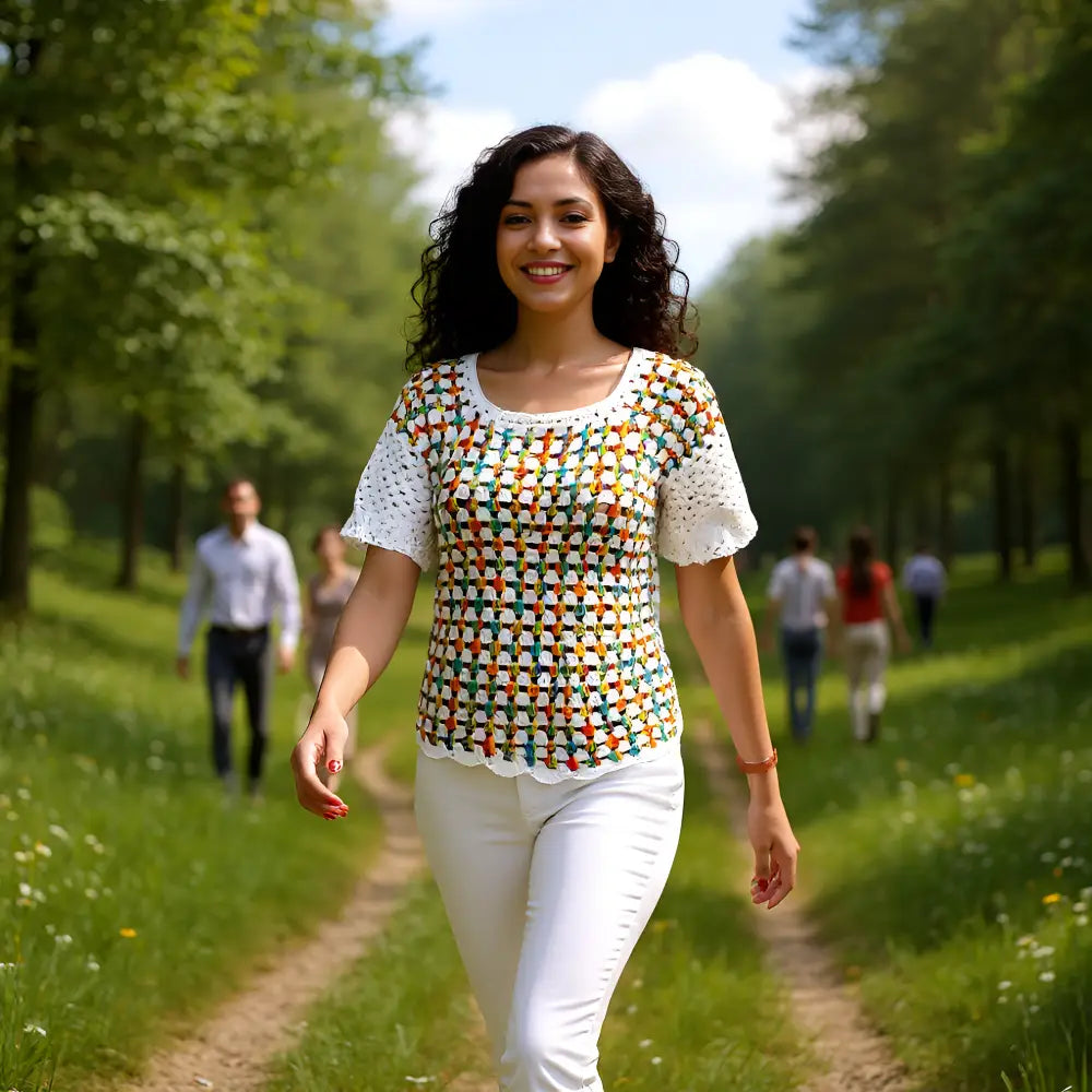 Pull au crochet Touchy de Cachalabibi - Vue en promenade champêtre, style bohème estival avec motif floral