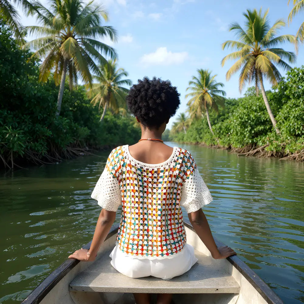 Pull au crochet Touchy de Cachalabibi - Vue de dos en barque tropicale avec palmiers, manches ajourées blanches