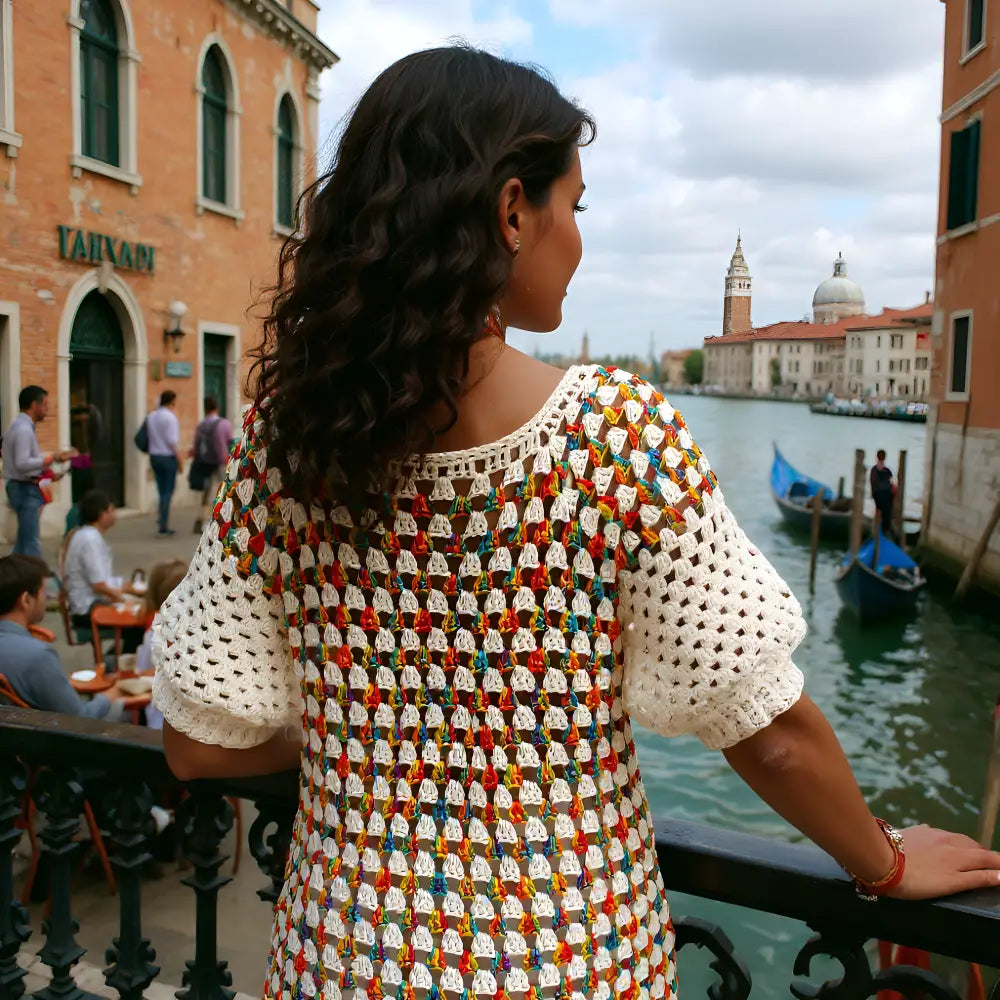 Pull au crochet Touchy de Cachalabibi - Vue de dos à Venise avec gondoles, détail du motif floral artisanal français