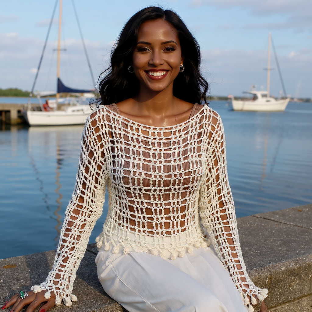 Pull au crochet Trou-Trou de Cachalabibi - Vue de face au port, pièce unique blanche avec motif ajouré