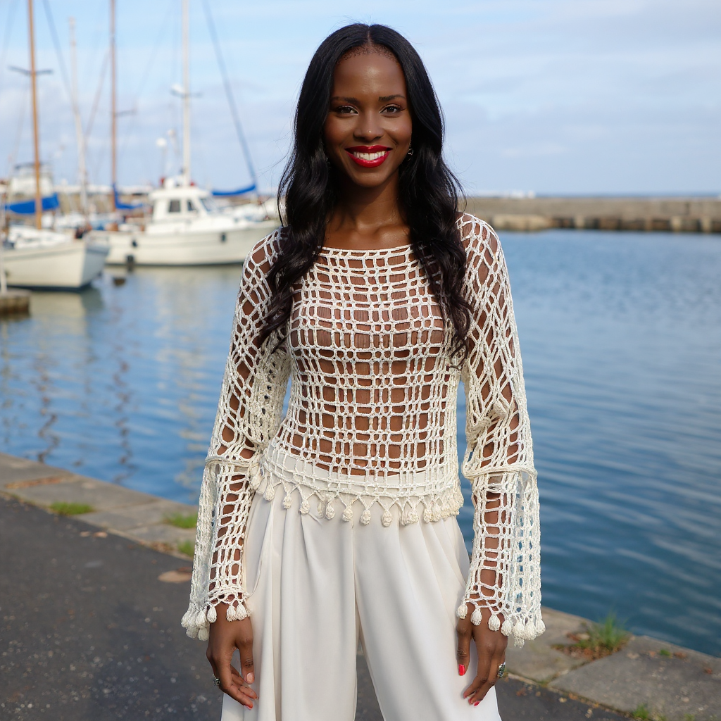 Pull au crochet Trou-Trou de Cachalabibi - Vue de face au port, motif ajouré délicat avec finitions pompons