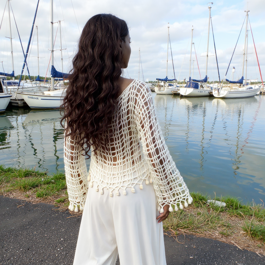 Pull au crochet Trou-Trou de Cachalabibi - Vue de dos au port de plaisance, détail des mailles ajourées blanches