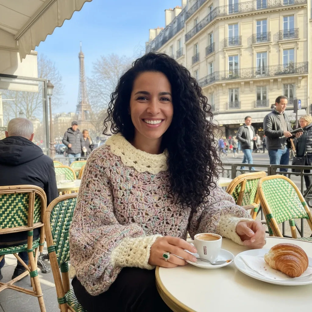Pull au crochet Unico de Cachalabibi - vue de face d'une jeune femme sur une terrasse au petit-déjeuner