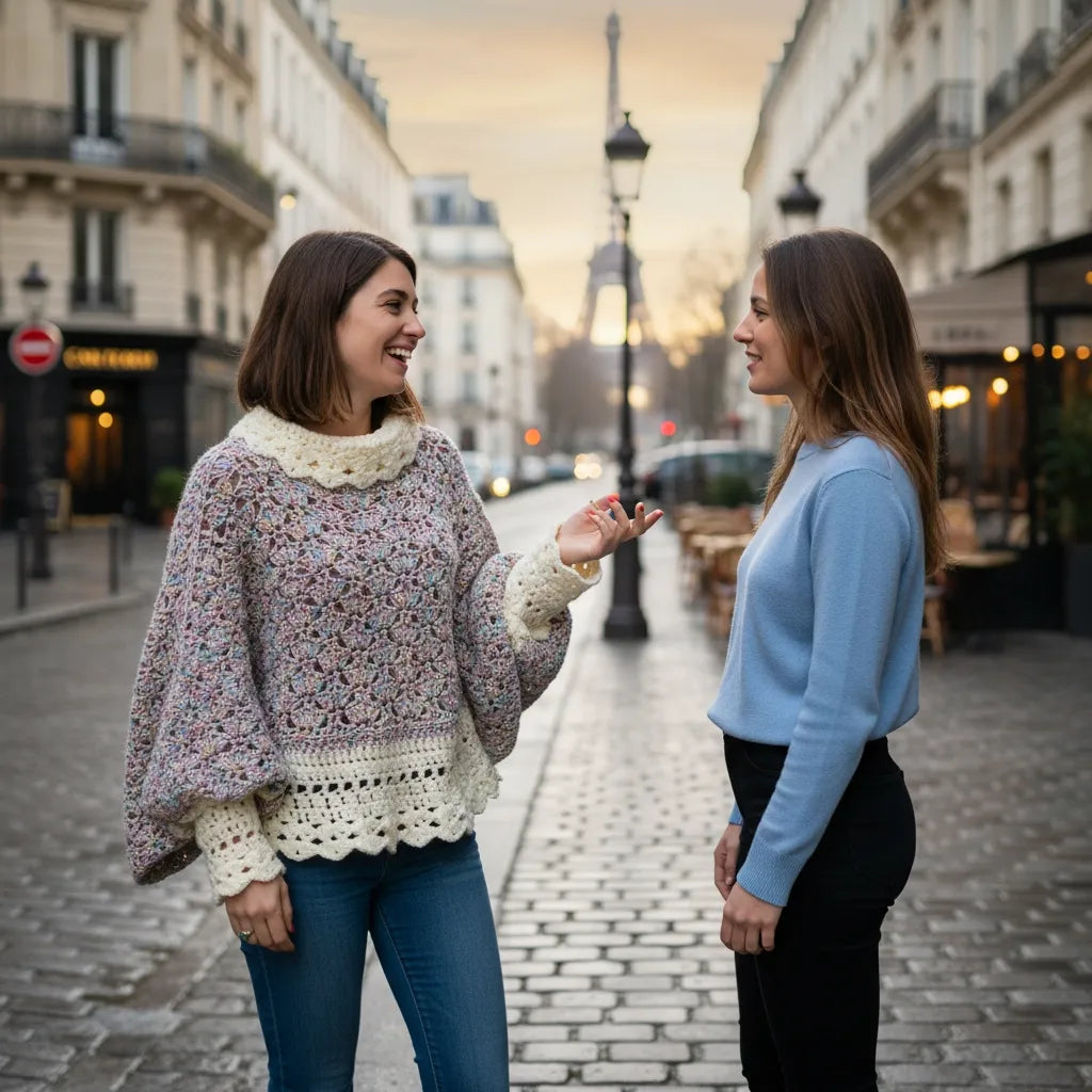 Pull au crochet Unico de Cachalabibi - vue de face sur la place du Trocadéro à Paris avec la Tour Eiffel